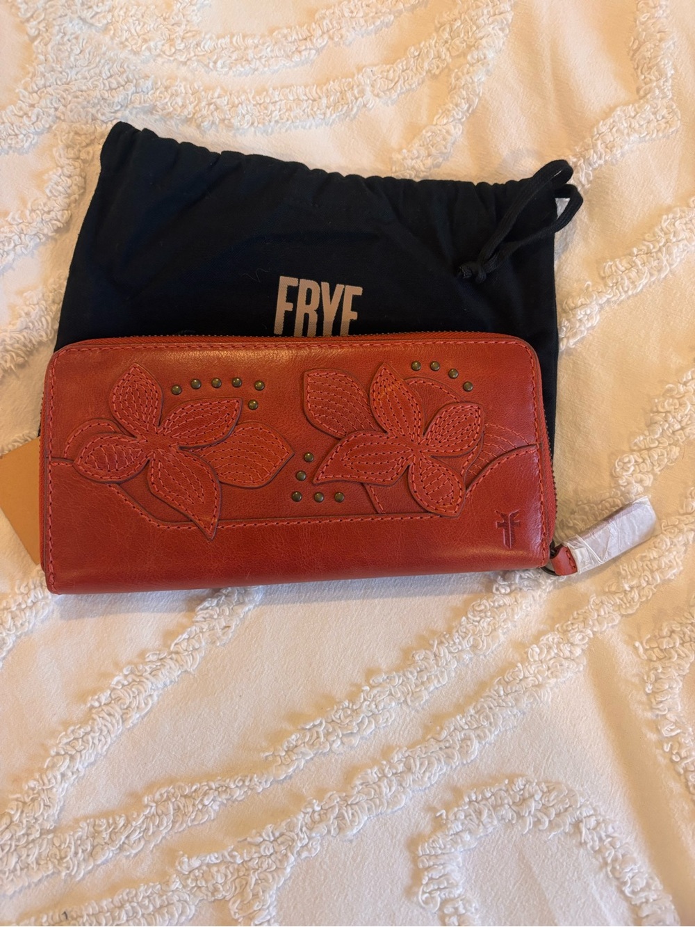 Frye Brick Red Floral Leather Zip Wallet